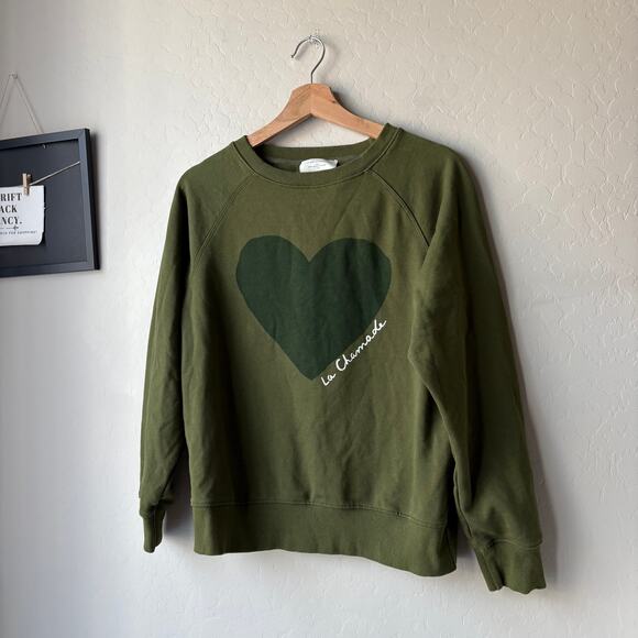 Sezane Sweatshirt Olive Green La Chamade Crewneck Heart Print Size L - Picture 3 of 8